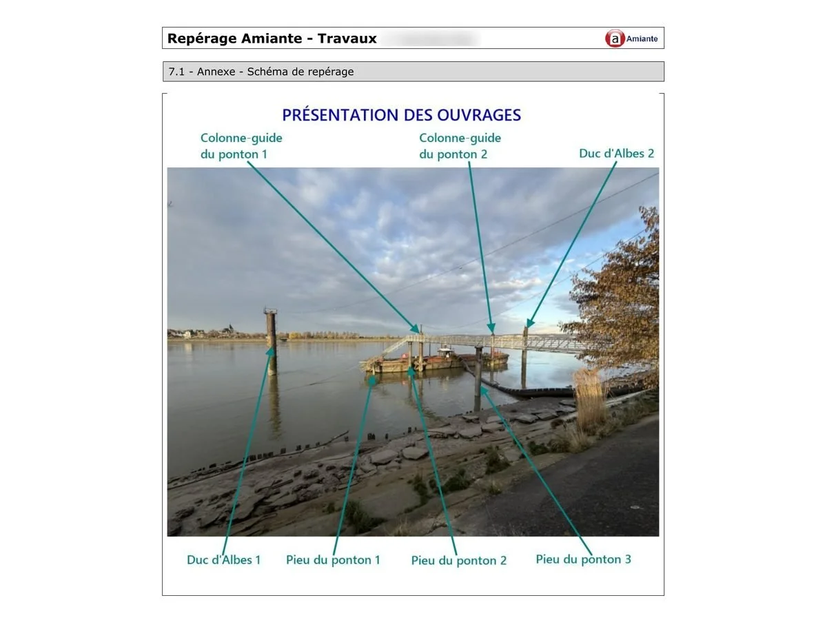 Extrait anonymisé d’un repérage amiante : schéma sur photo qui situe chaque partie inspectée d’un ponton