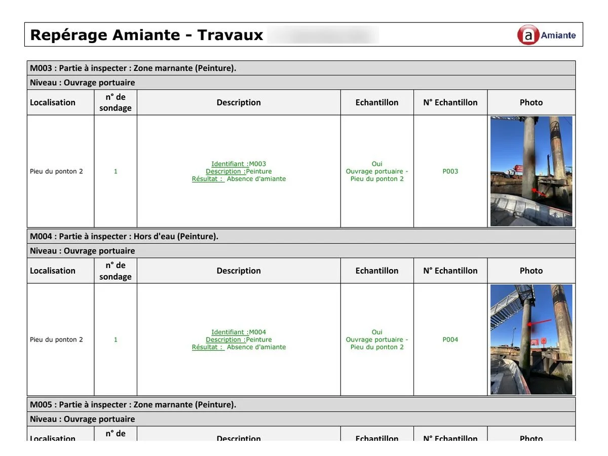 Extrait anonymisé d’un repérage amiante sur un ouvrage portuaire : chaque matériau a sa ligne, avec localisation, prélèvement, résultat et photo fléchée