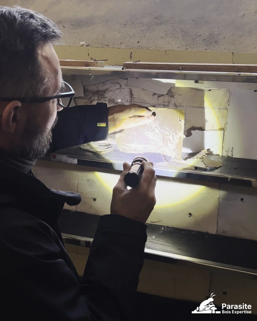 Sébastien, expert bois, inspecte à la lampe un mur et une poutre