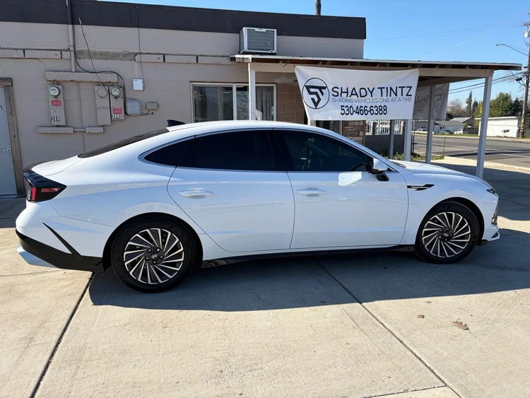 White Hyundai Sonata with window tint at Shady Tintz, Yuba City