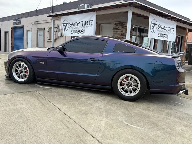 Color-shift Ford Mustang GT with window tint at Shady Tintz, Yuba City