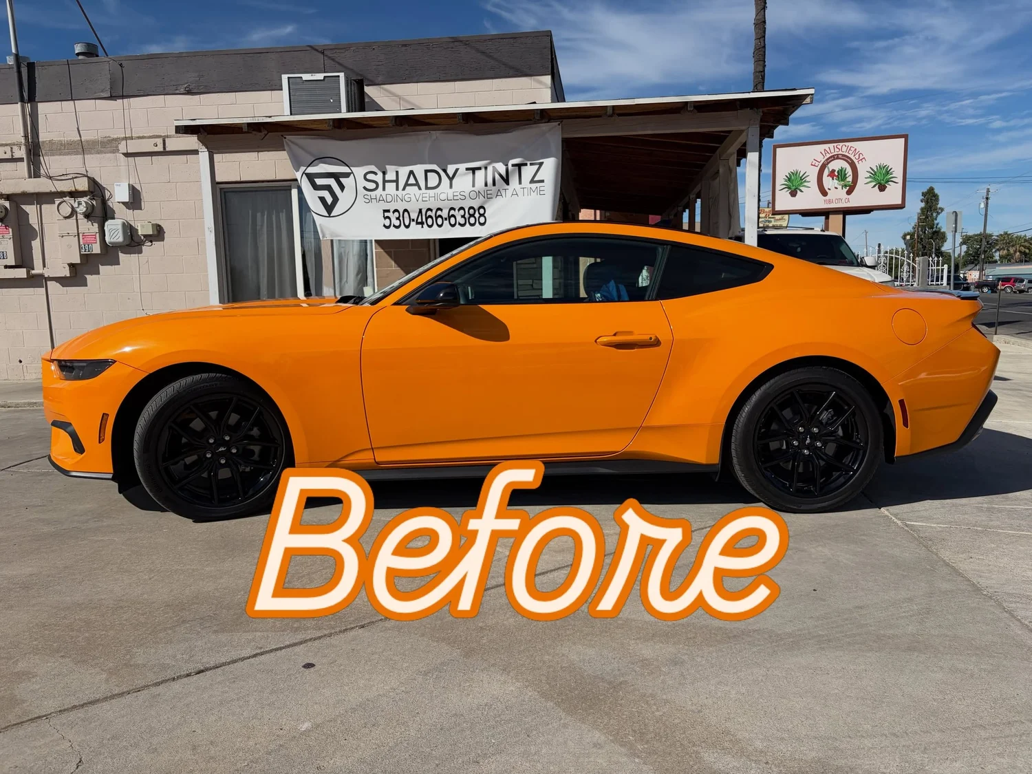 Orange Ford Mustang before window tint, Shady Tintz, Yuba City