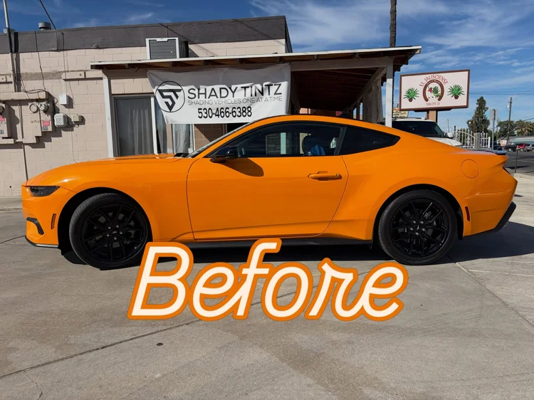 Orange Ford Mustang before window tint, Shady Tintz, Yuba City