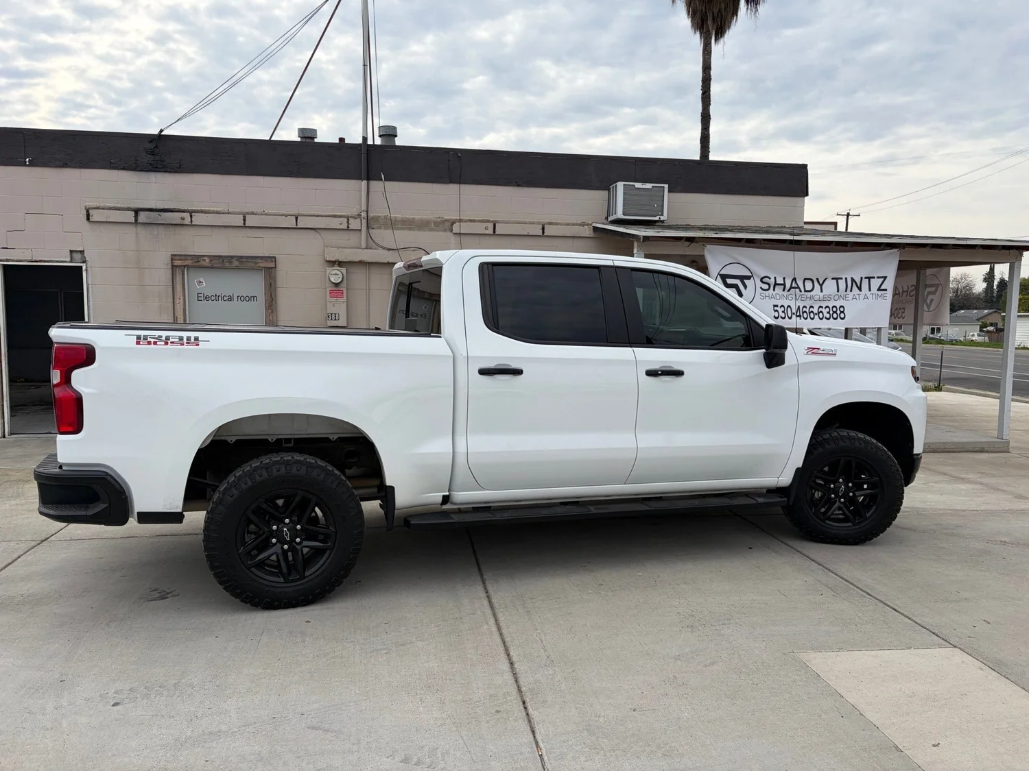 White Chevy Silverado pickup with window tint at Shady Tintz, Yuba City