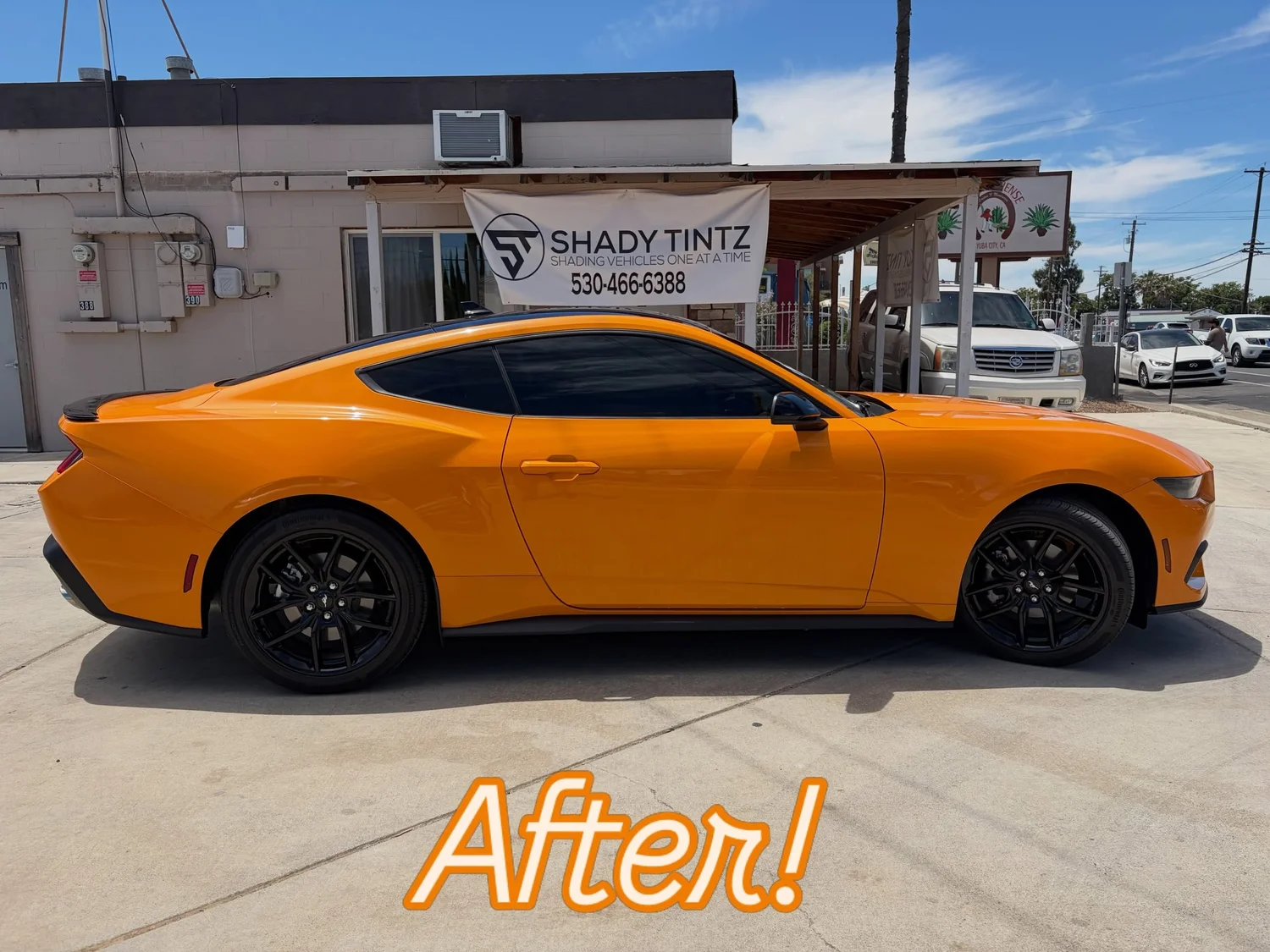Orange Ford Mustang after window tint, Shady Tintz, Yuba City