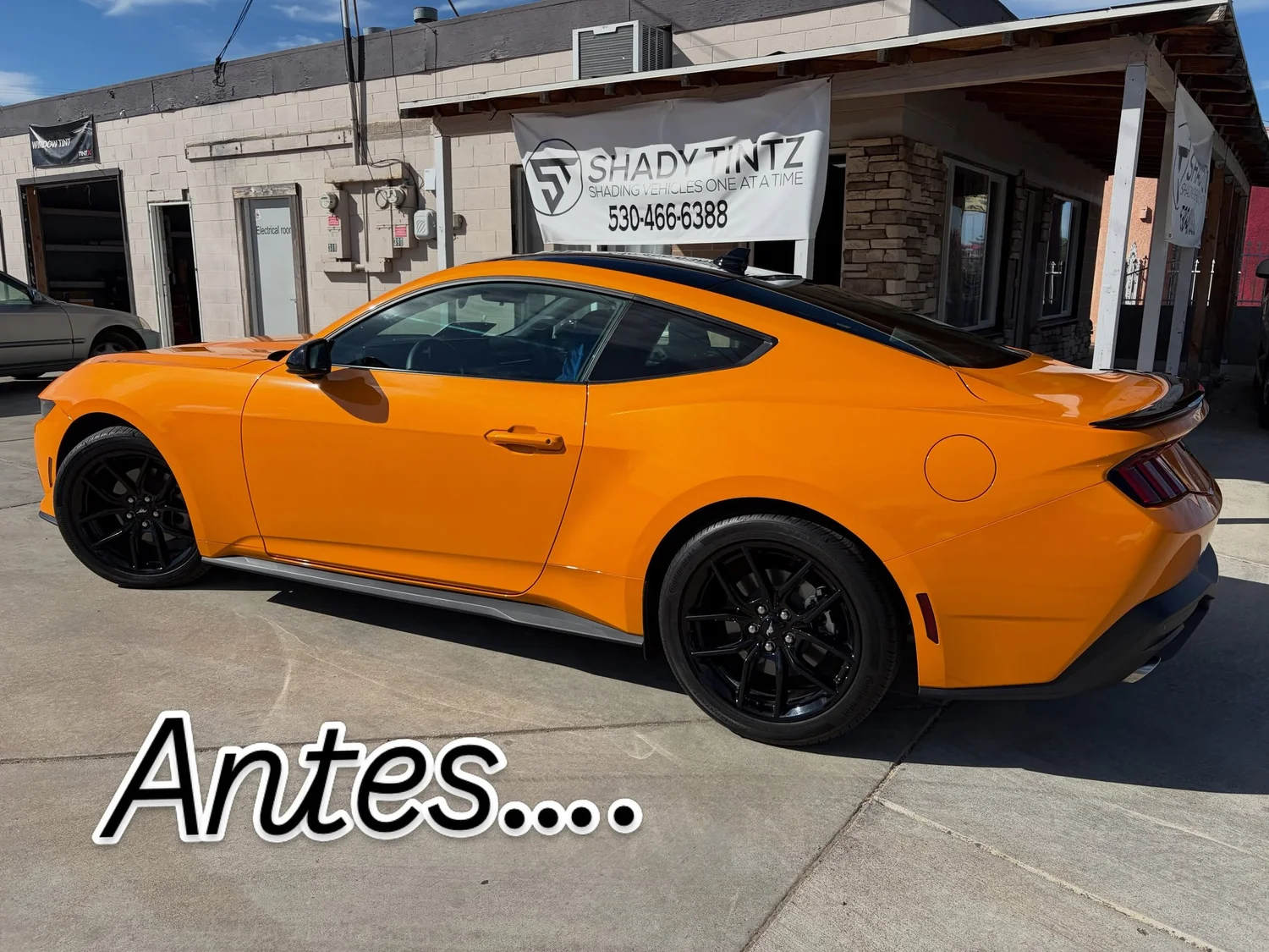 Orange Ford Mustang rear three-quarter view before window tint, Shady Tintz, Yuba City