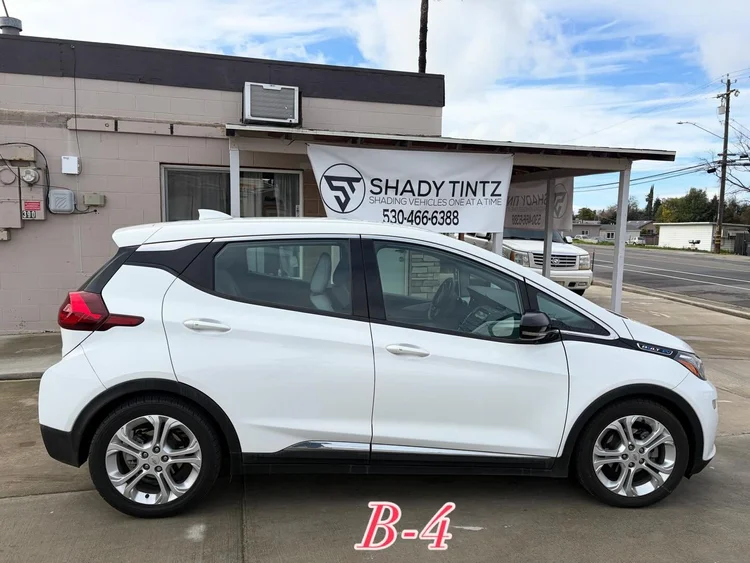 White Chevy Bolt before window tint, Shady Tintz, Yuba City
