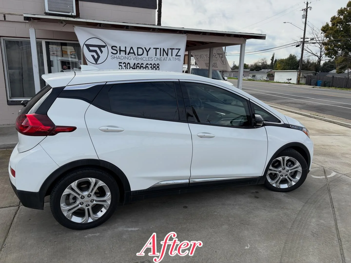 White Chevy Bolt after window tint, Shady Tintz, Yuba City