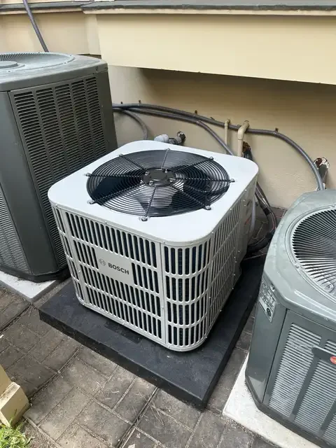 Bosch outdoor HVAC unit installed on a pad