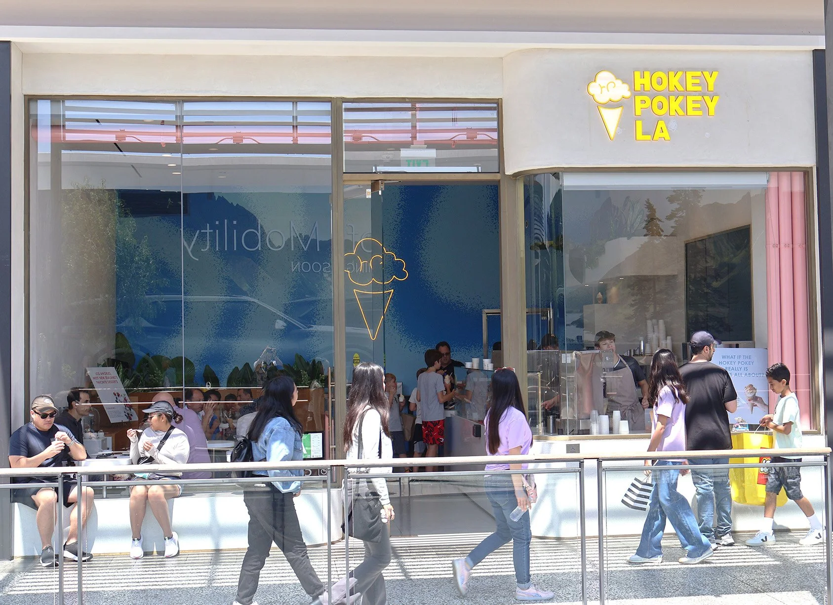 The Hokey Pokey LA storefront at Westfield Century City, with its glass front and yellow sign.