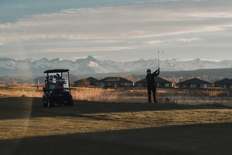A golfer and cart beside dormant turf in winter light.