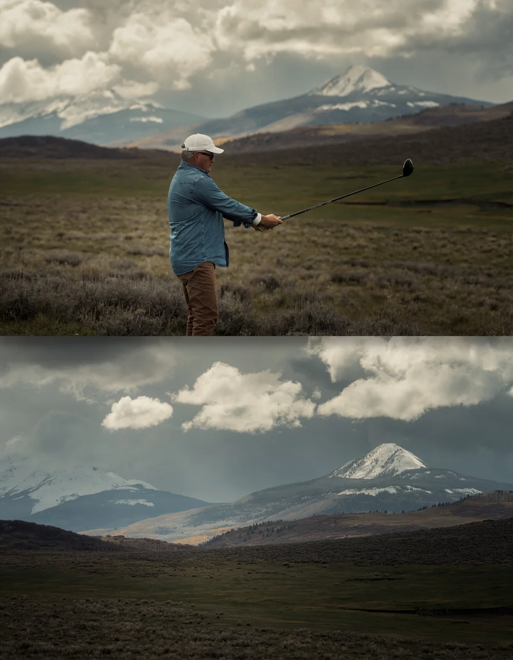 A golfer holds the driver forward, paired with a wide view of the San Juan landscape.