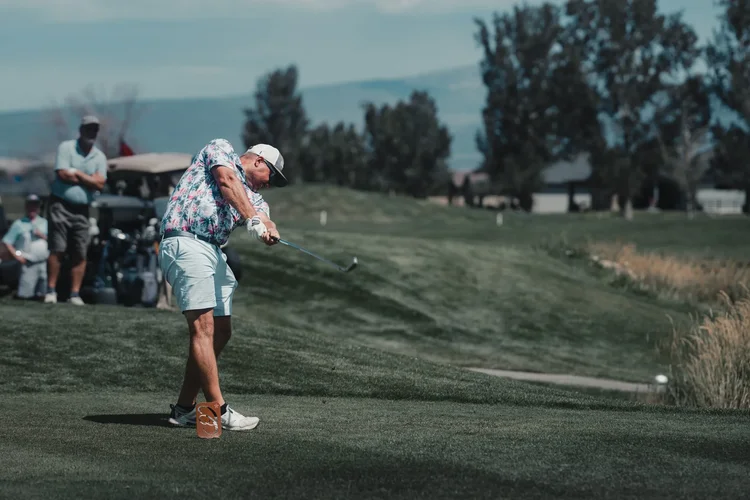 A golfer plays from the rough beside the fairway.