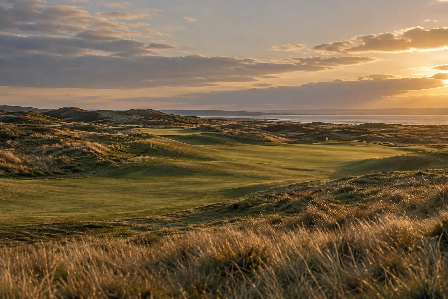 Coastal links fairways and a green among dunes in warm evening light.