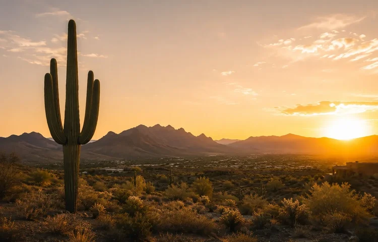 A saguaro cactus and desert mountains in warm Arizona light.