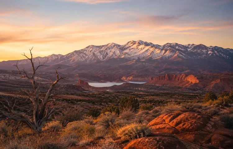 Warm light across red-rock country and distant snow-covered mountains in Utah.
