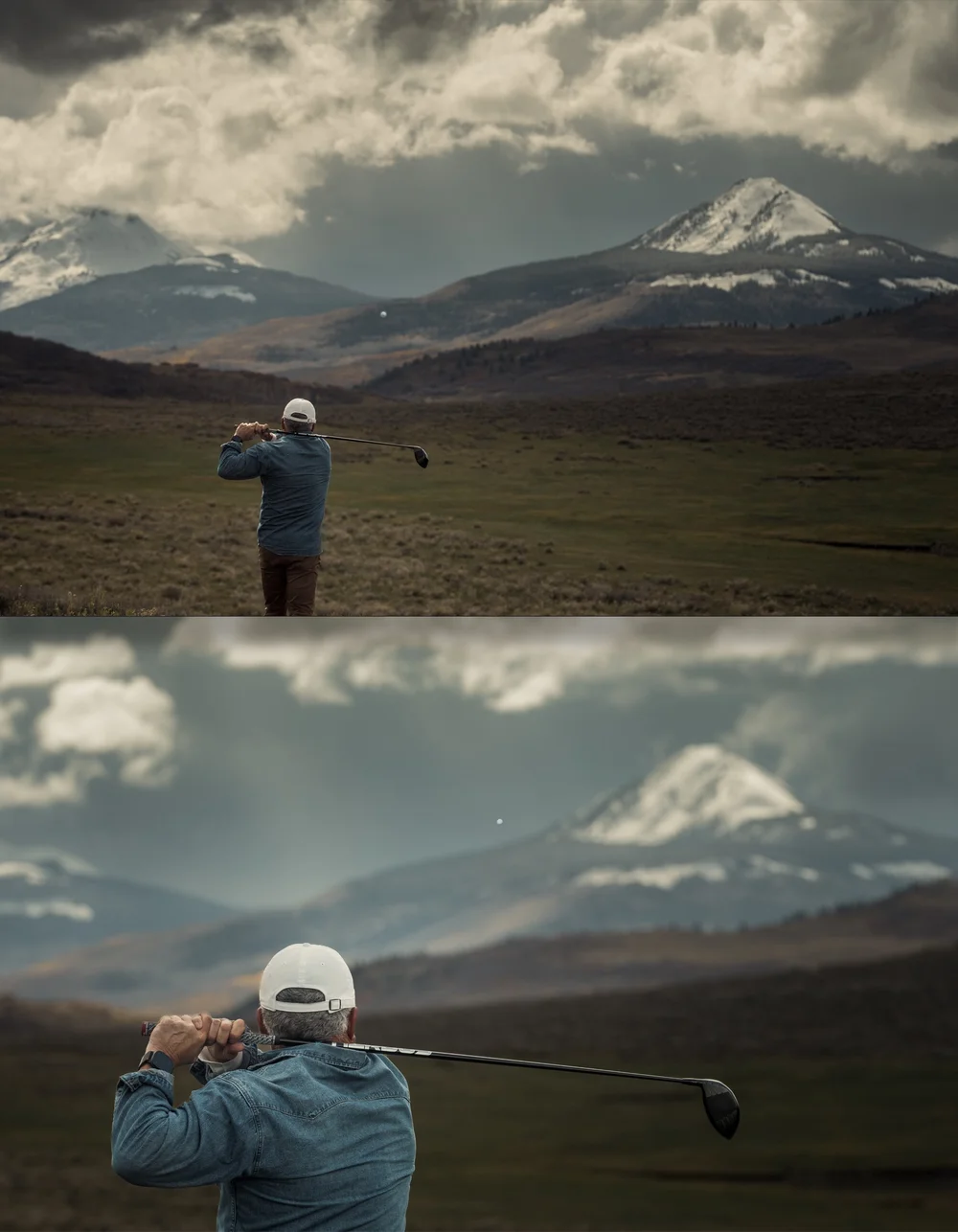 The finish: wide and closer rear views of the driver follow-through, with the ball in flight.