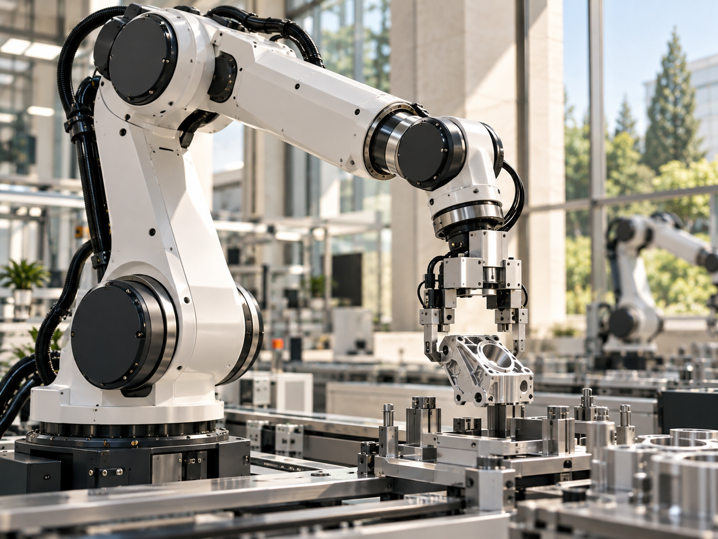 Illustration of an industrial robot placing a machined metal component into an assembly fixture