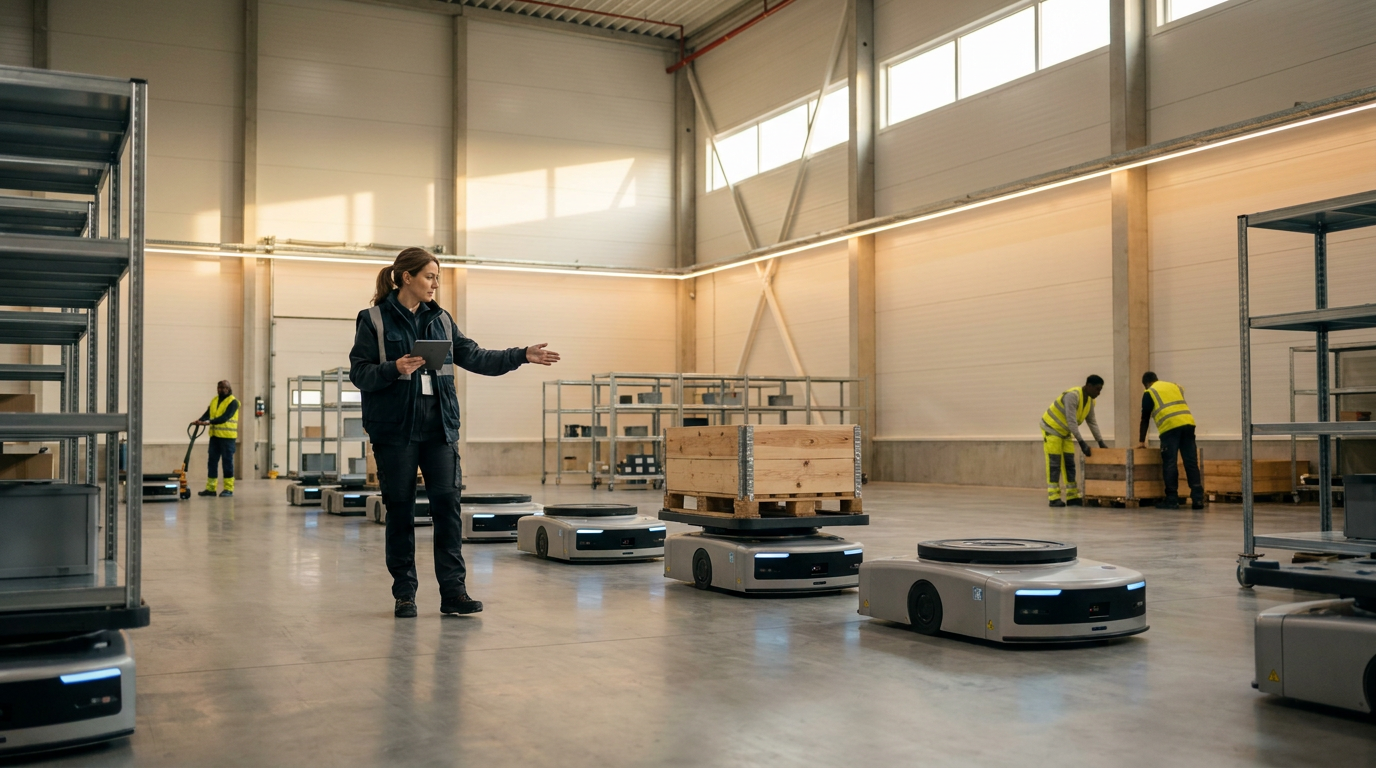 Mobile robots operating on a warehouse floor