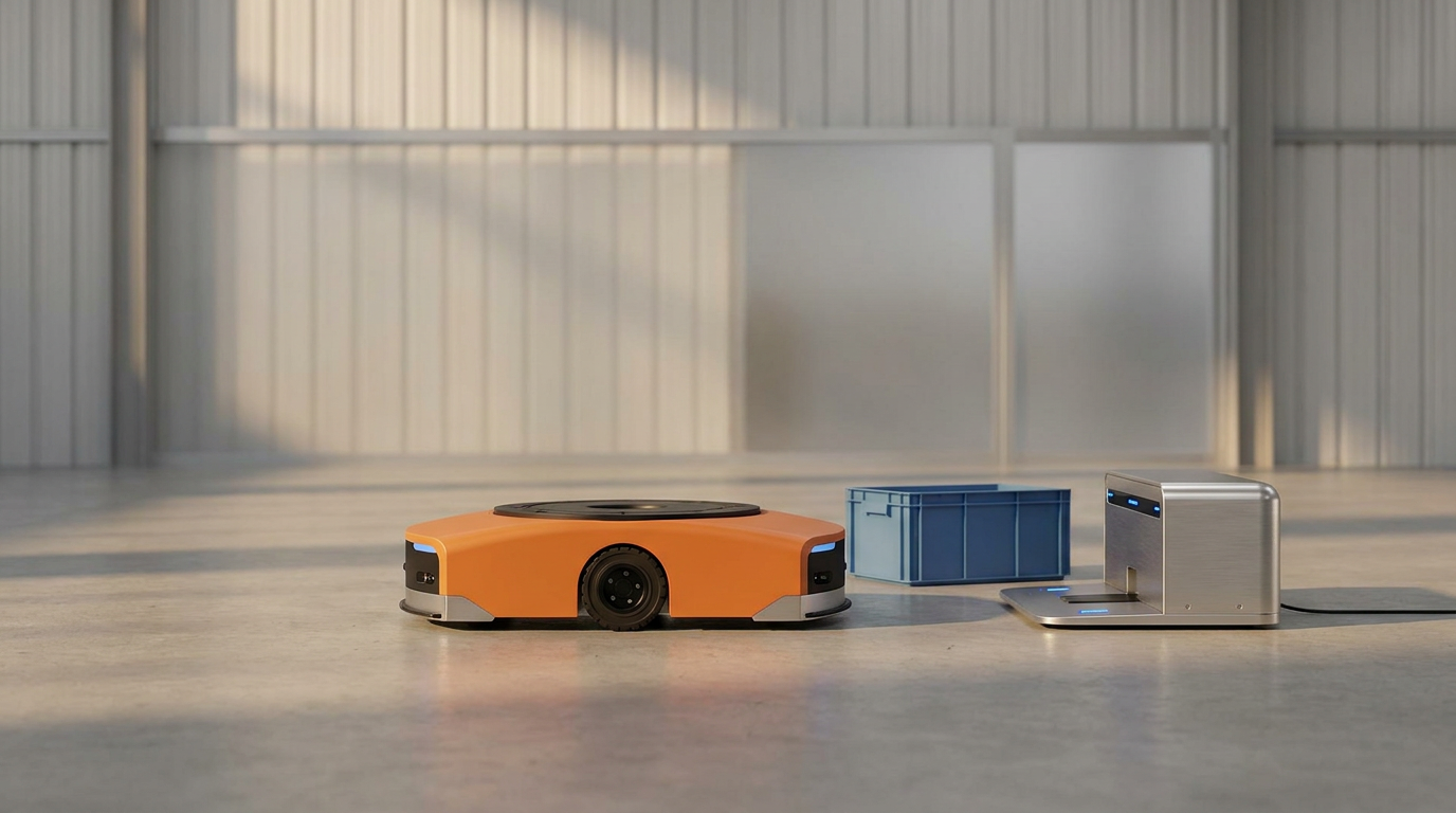 Autonomous mobile robot beside warehouse containers