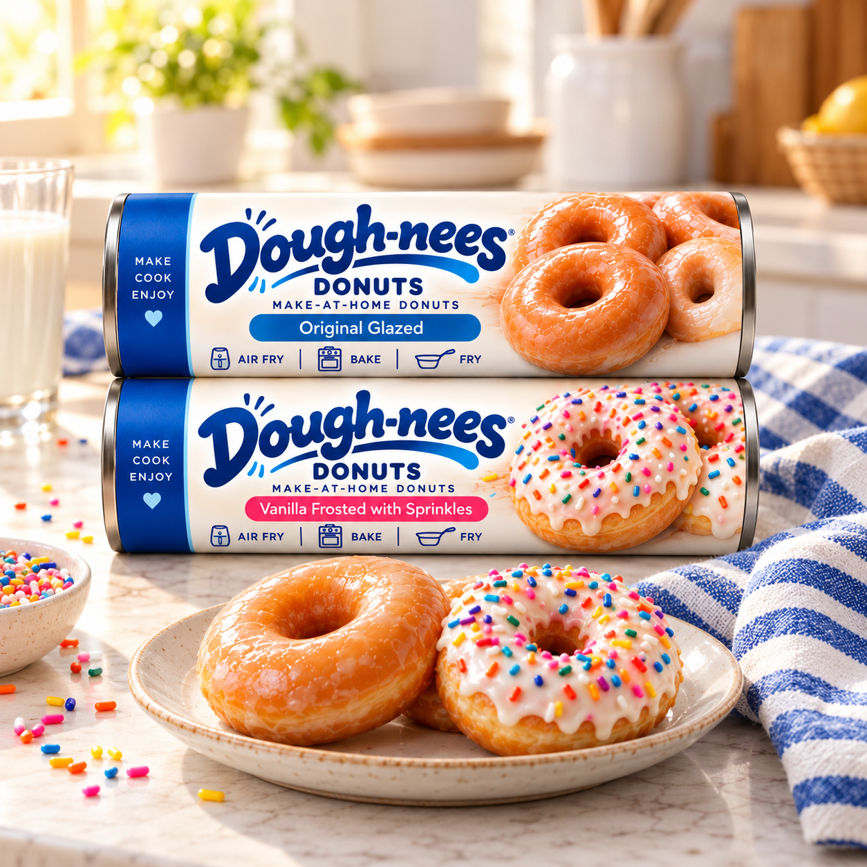 Dough-nees Original Glazed and Vanilla Frosted with Sprinkles concept packaging alongside freshly prepared donuts