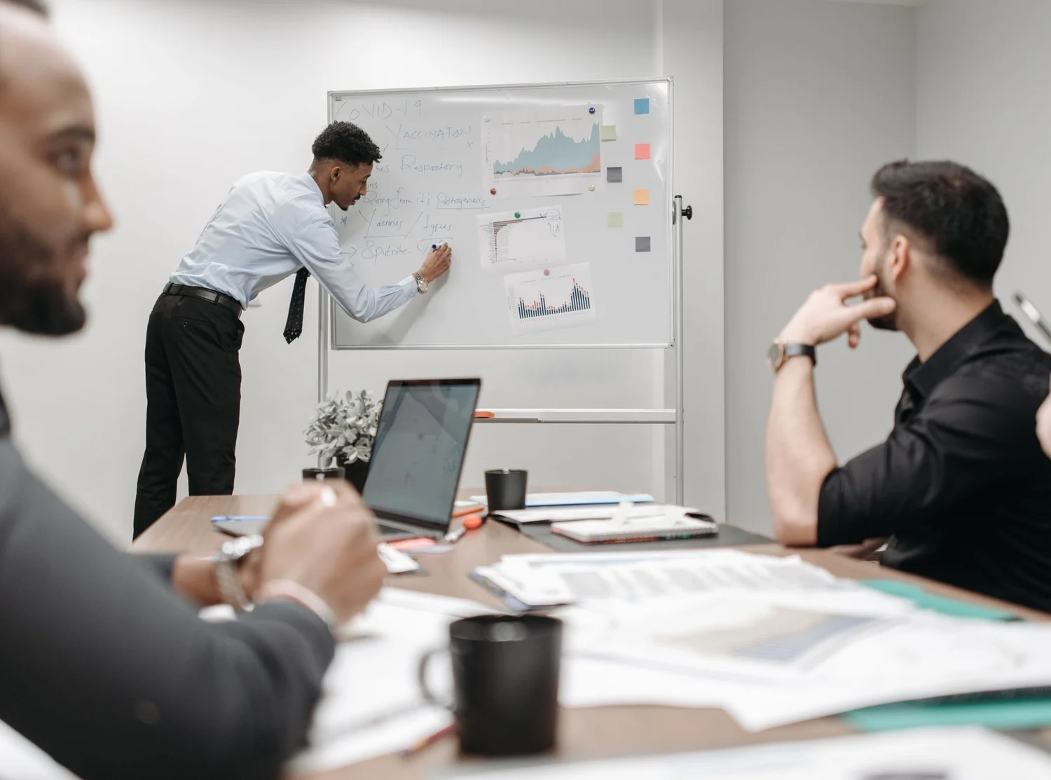 A team working through a plan at a whiteboard