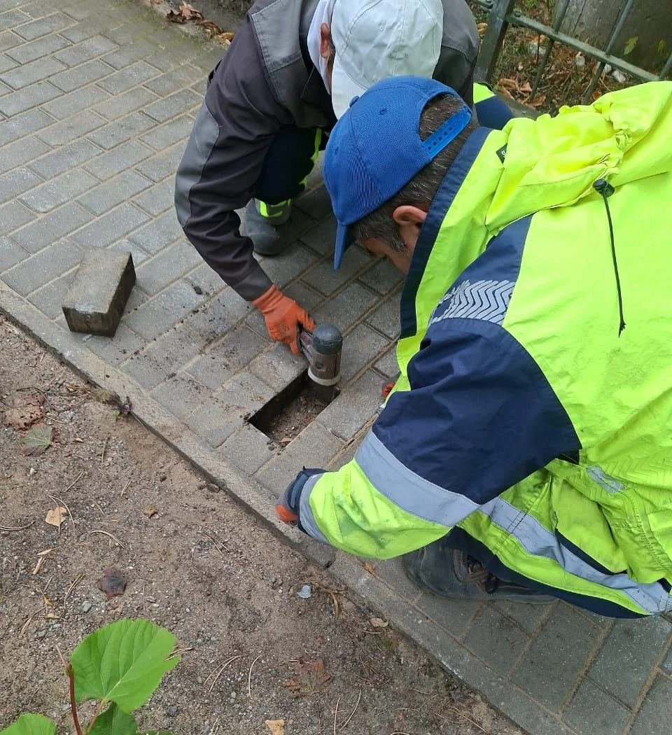 Mitarbeiter setzt nach dem Leitungsbau Pflastersteine wieder ein, Dresden