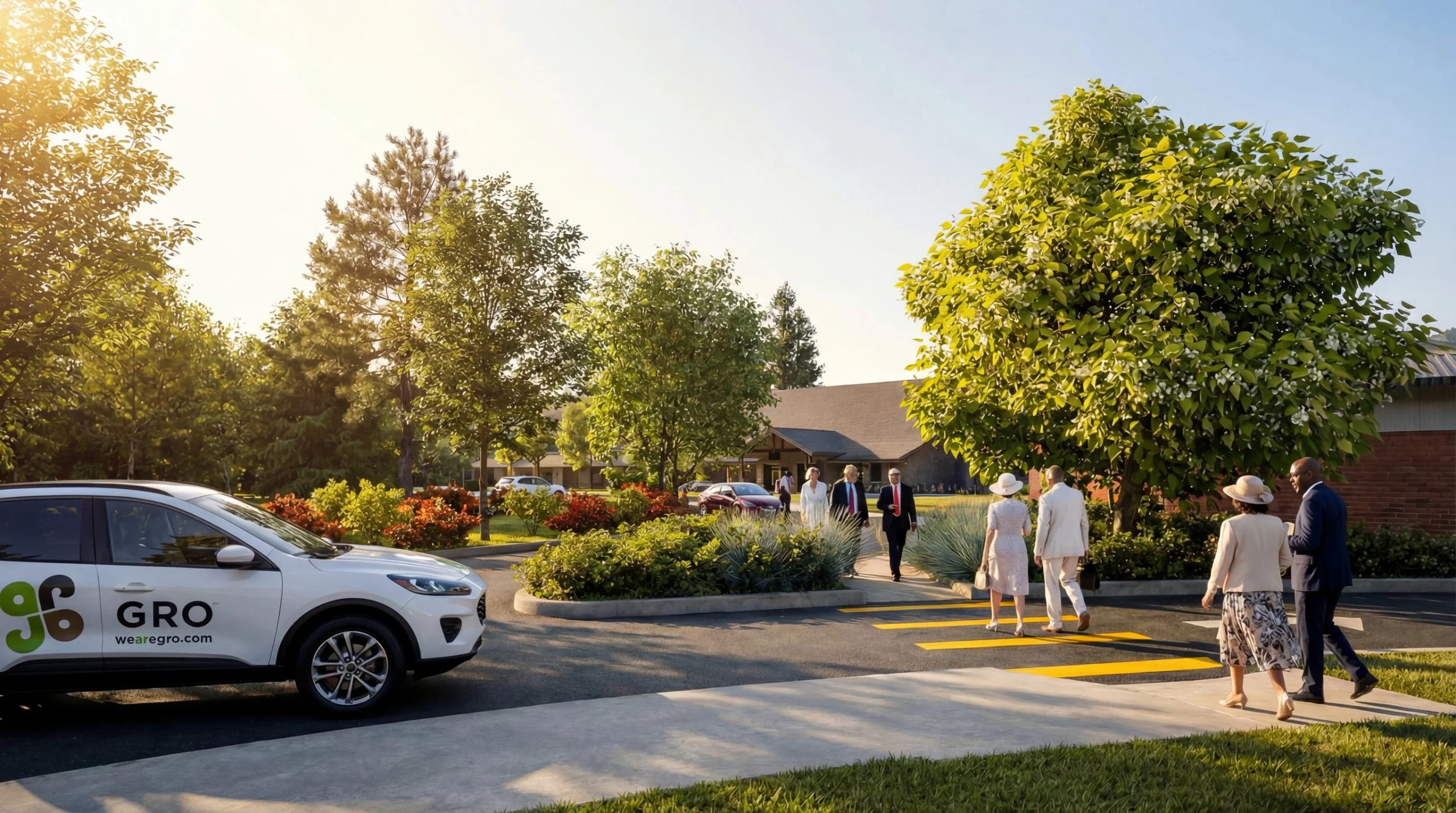 Churchgoers crossing toward the Brush Prairie Church entrance through landscaped grounds