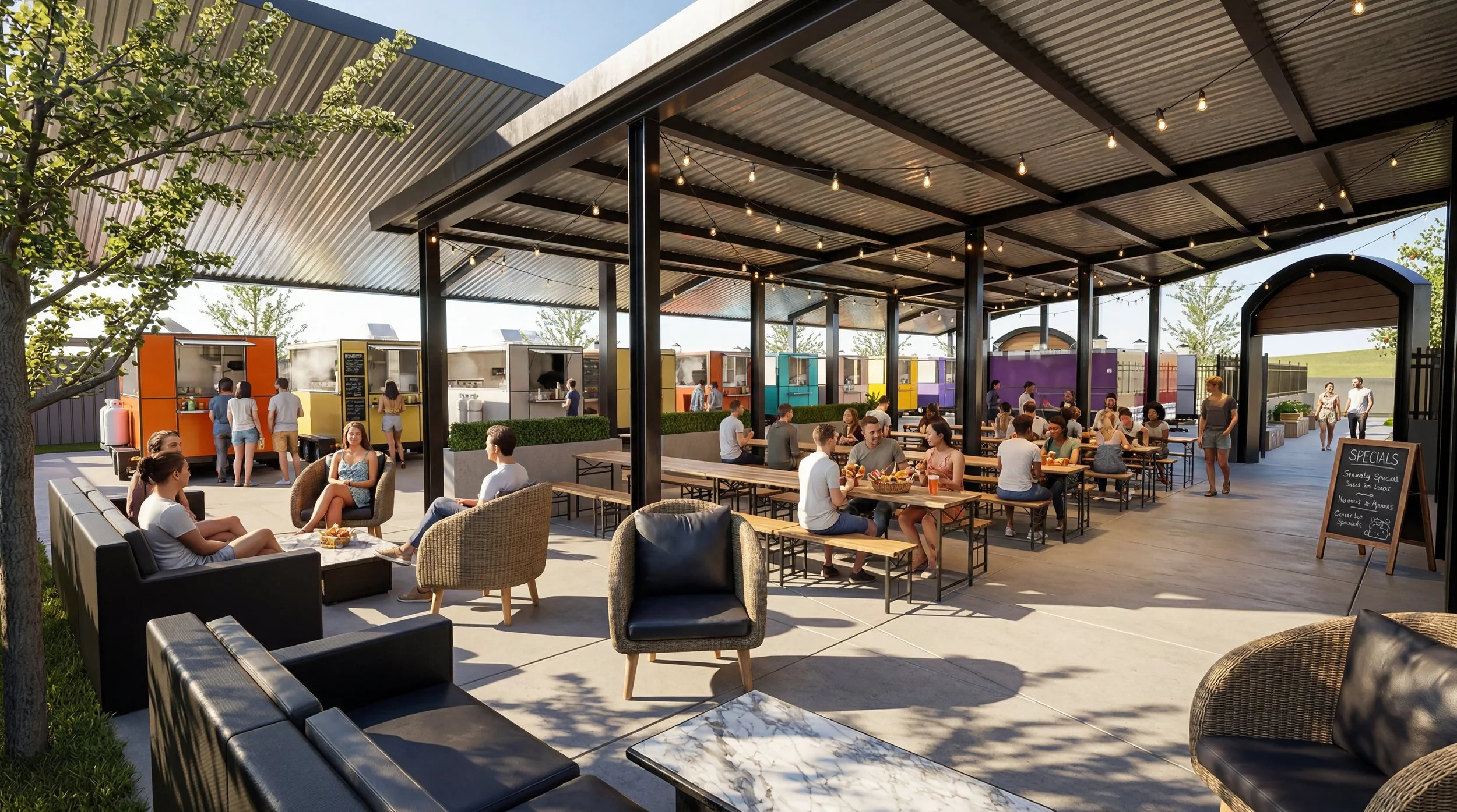 Orchards Station covered lounge and dining area with food carts beyond