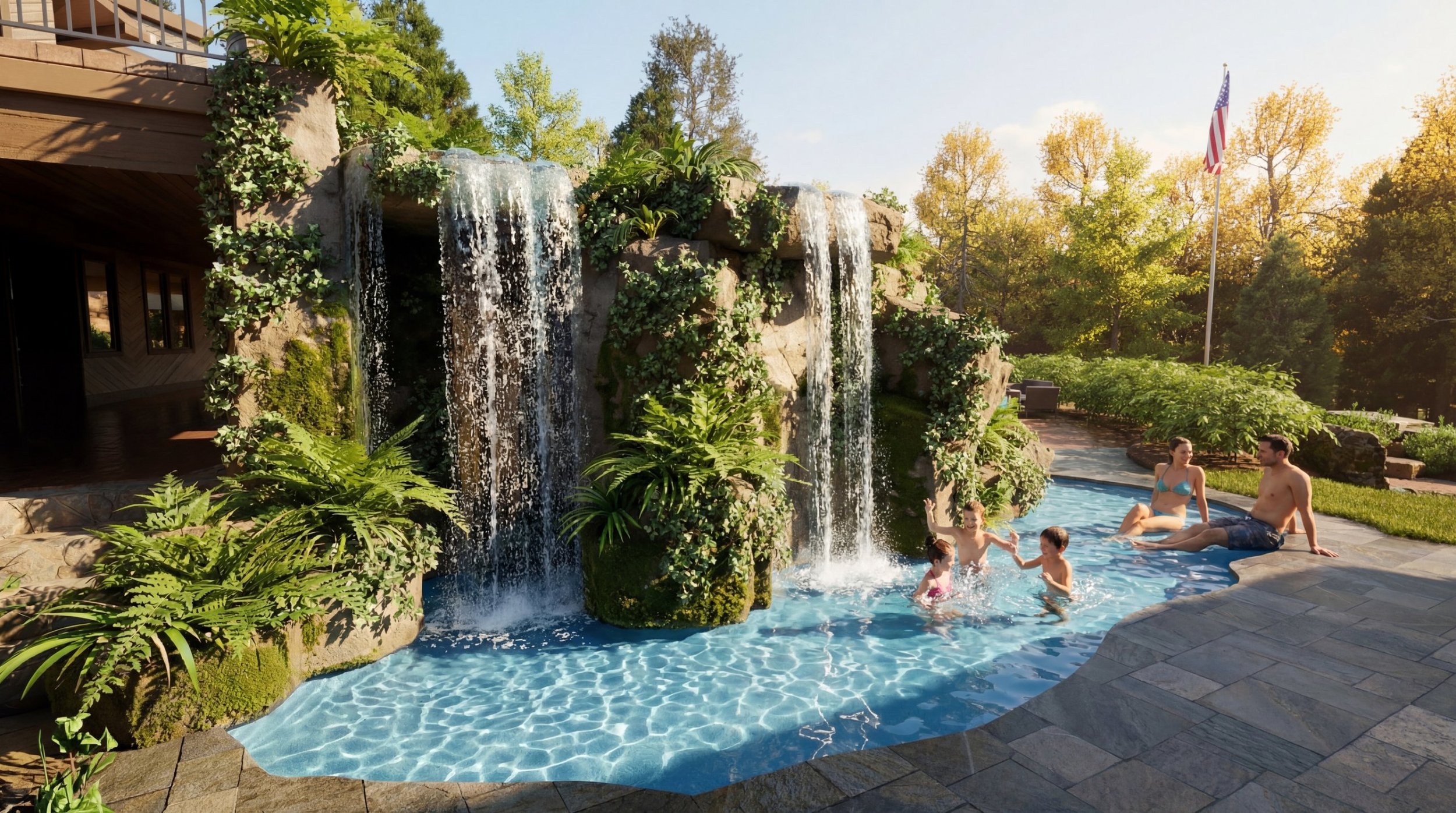 Twin waterfalls pouring into a shallow lagoon at The Grotto