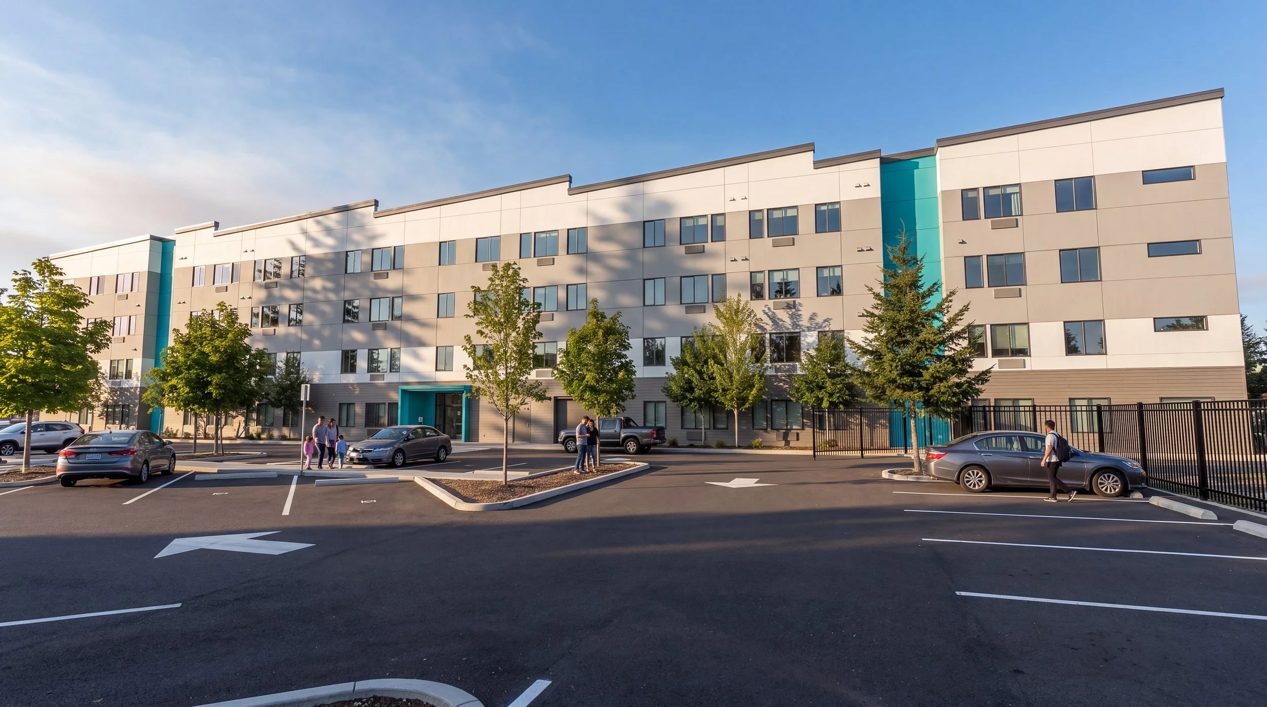 Date Park building facade and parking lot at golden hour