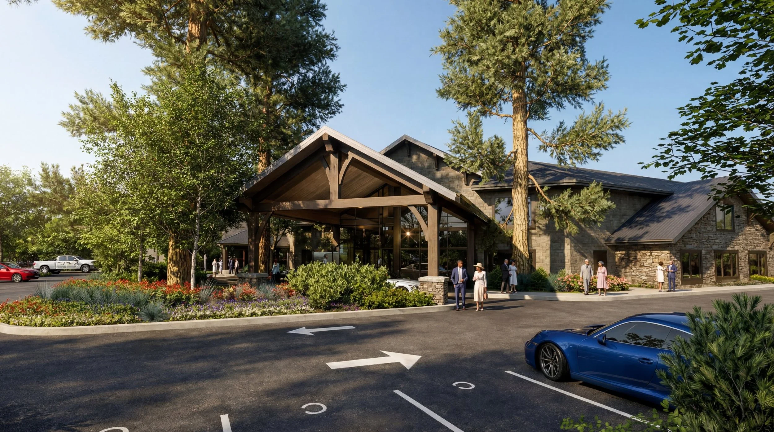 Brush Prairie Church timber-frame entry canopy among tall pines