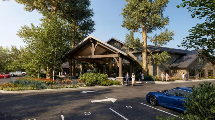 Brush Prairie Church timber-frame entry canopy among tall pines