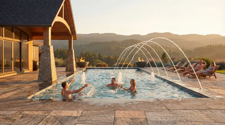 Solitude pool with arcing water jets, fire bowls and lounge chairs overlooking the hills