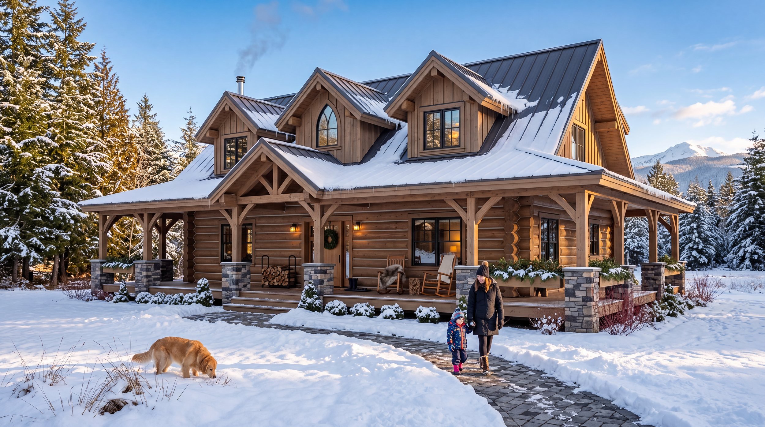 Log home with dormers and a timber-frame porch in winter snow
