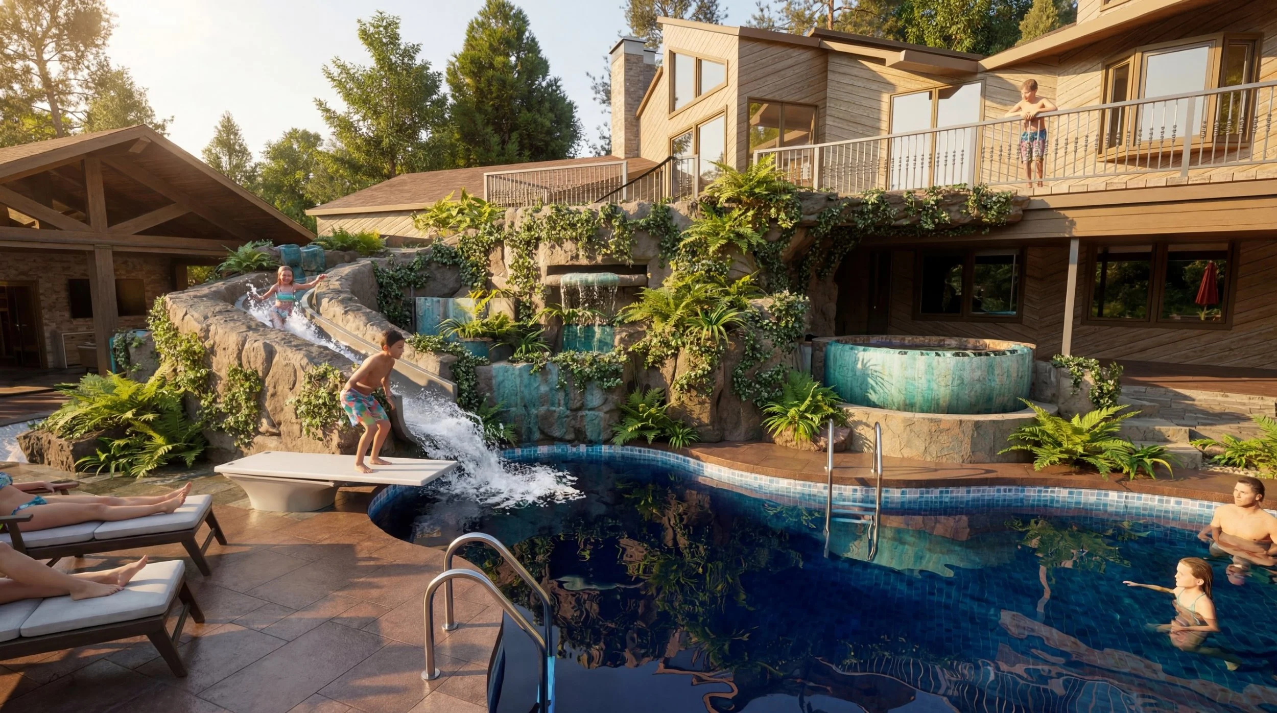 Children on the rock water slide and diving board at The Grotto pool