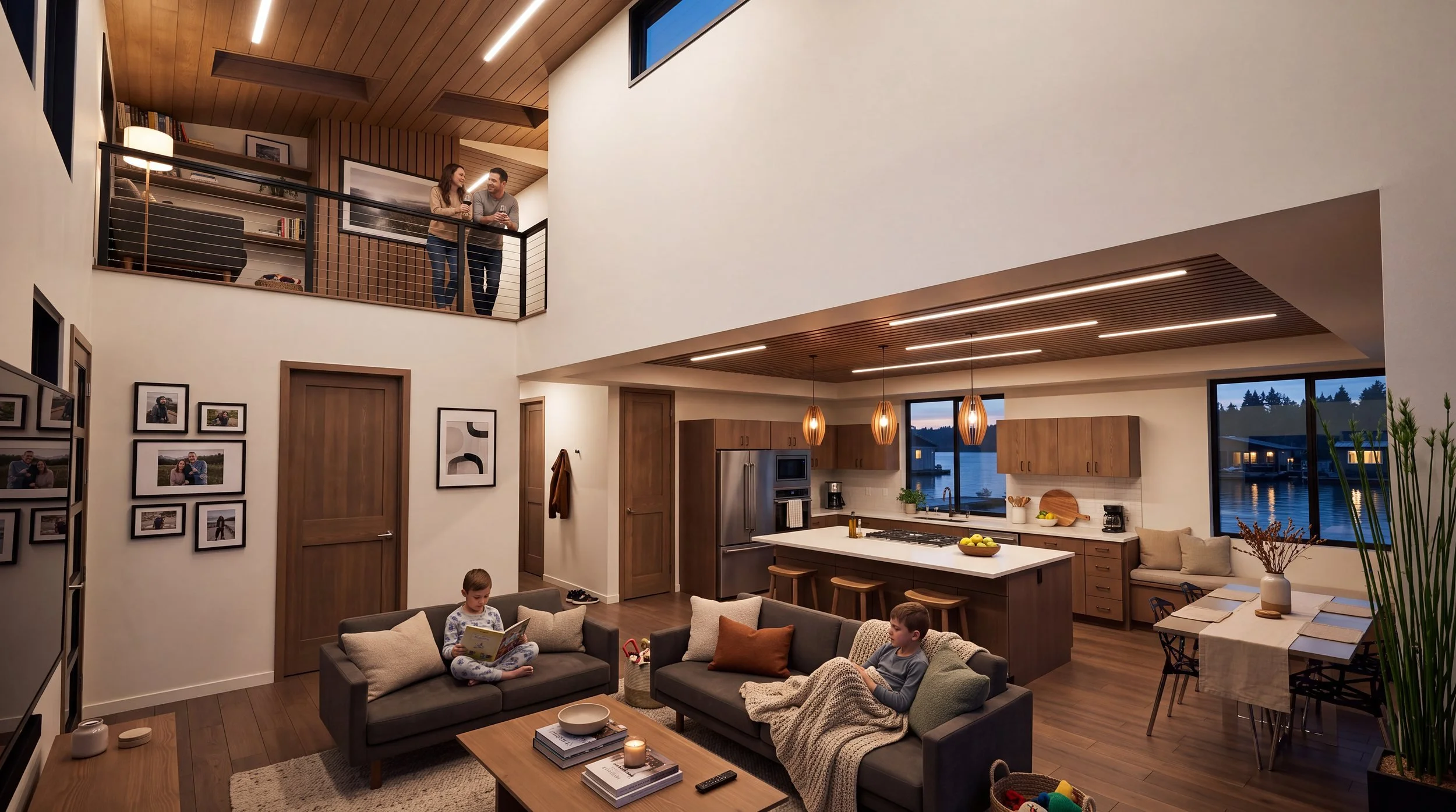 The Golden Floating Home double-height living room and kitchen with a loft overlooking the water at dusk