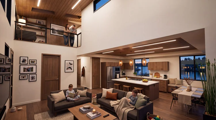 The Golden Floating Home double-height living room and kitchen with a loft overlooking the water at dusk