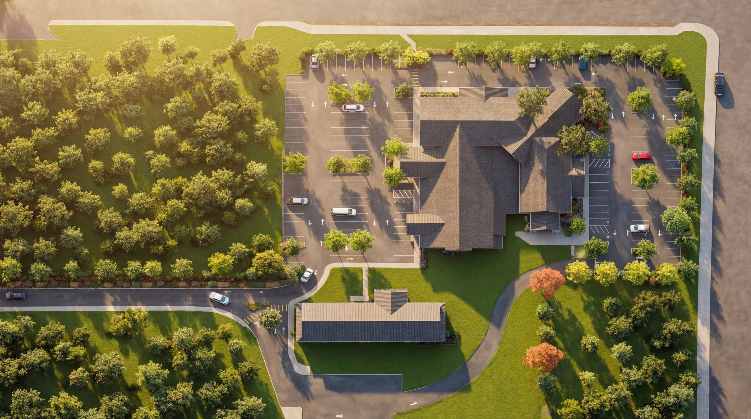 Overhead site view of Brush Prairie Church with its parking lots, landscaping and second building