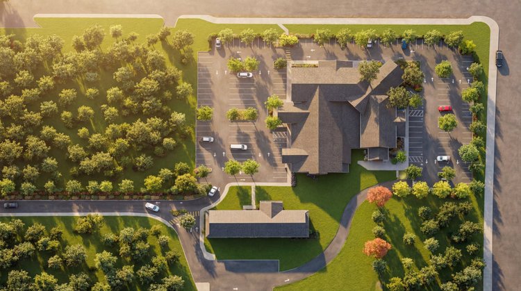 Overhead site view of Brush Prairie Church with its parking lots, landscaping and second building
