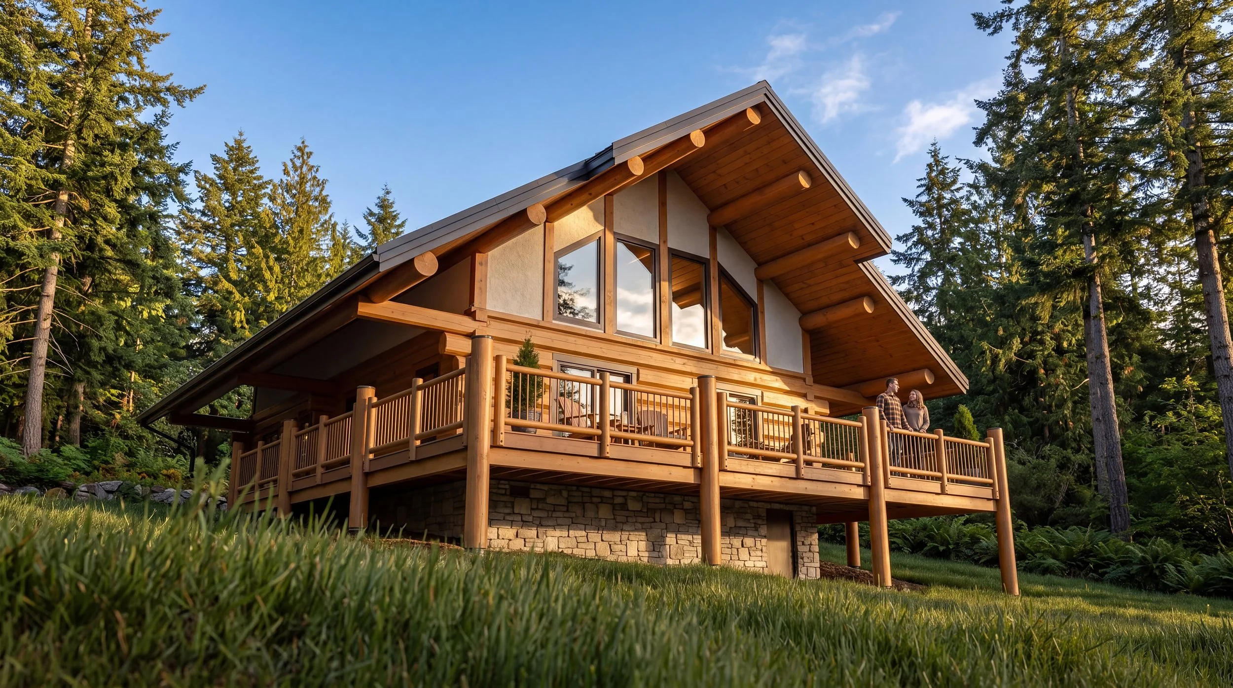 Log home with a timber gable, tall windows and a wraparound deck set into a forested slope