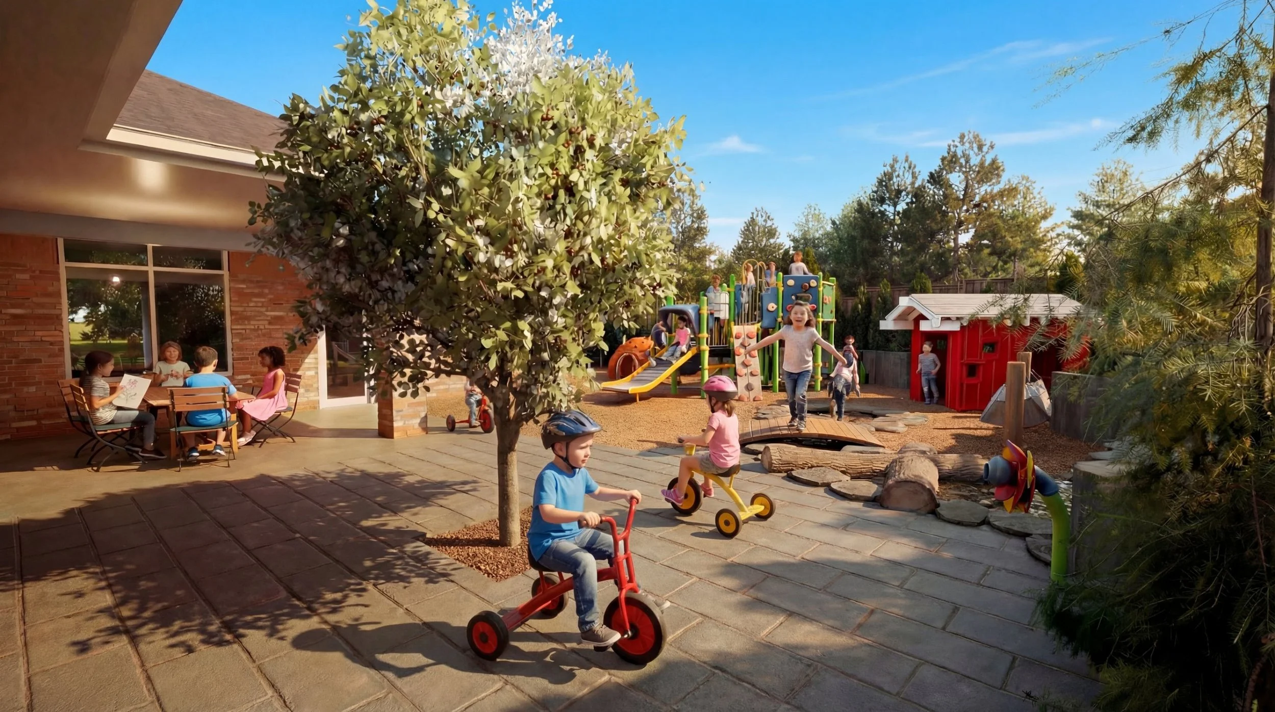 Ronald McDonald House patio with children riding tricycles and drawing at a table beside the play yard