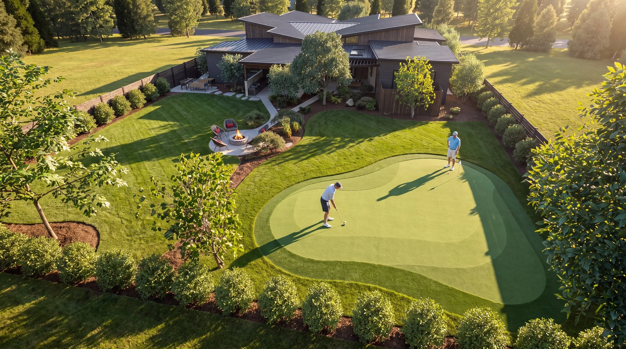 Aerial daytime view of the Vancouver Residence backyard with a putting green and fire pit