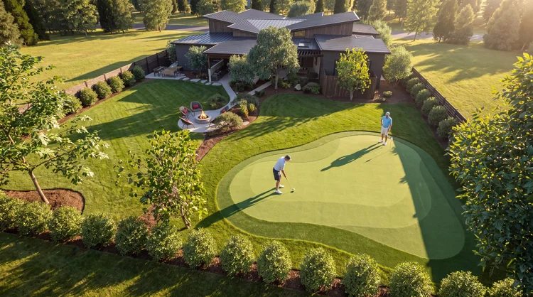 Aerial daytime view of the Vancouver Residence backyard with a putting green and fire pit