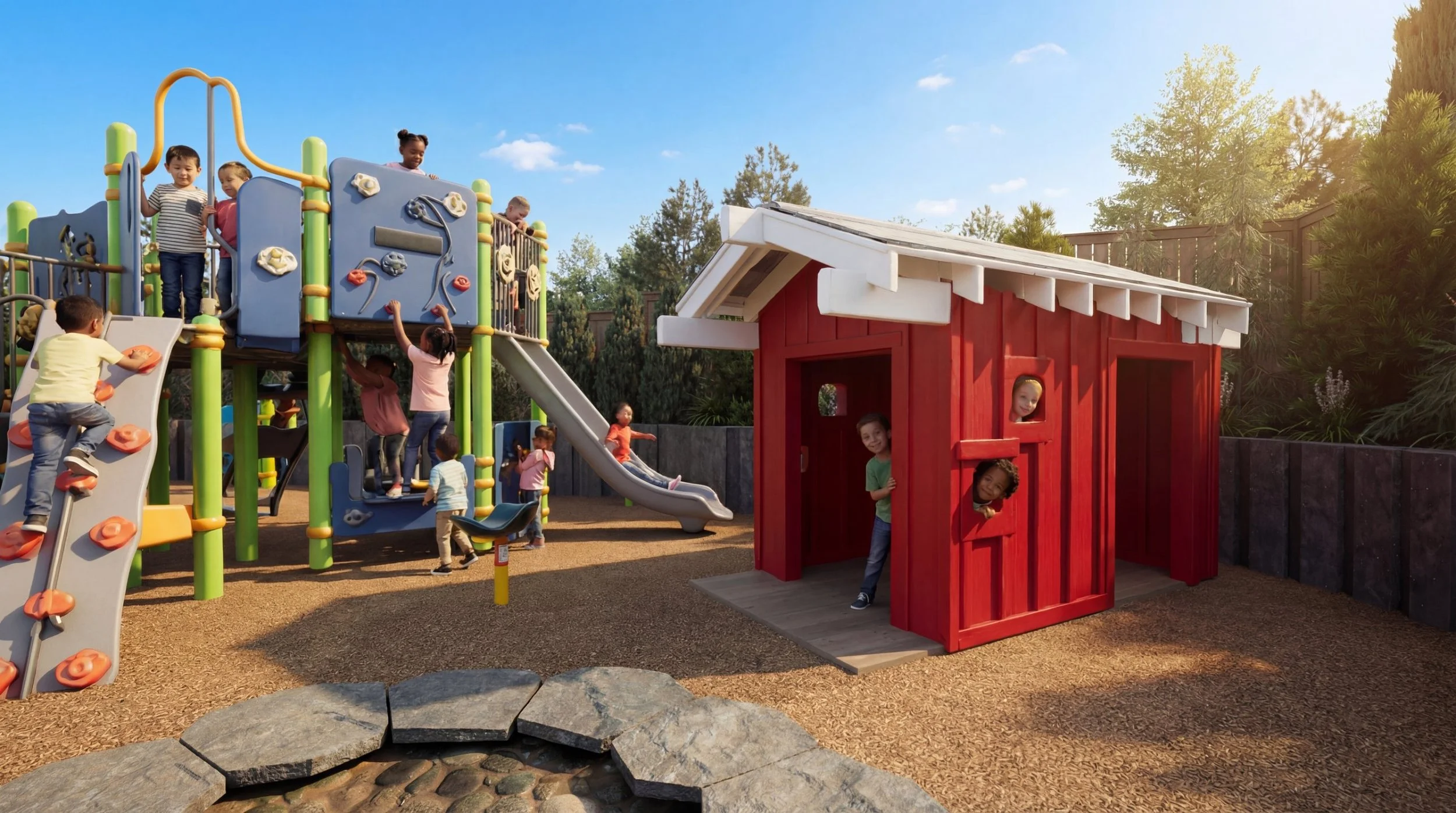 Play structure with a climbing wall and slide next to a red wooden playhouse