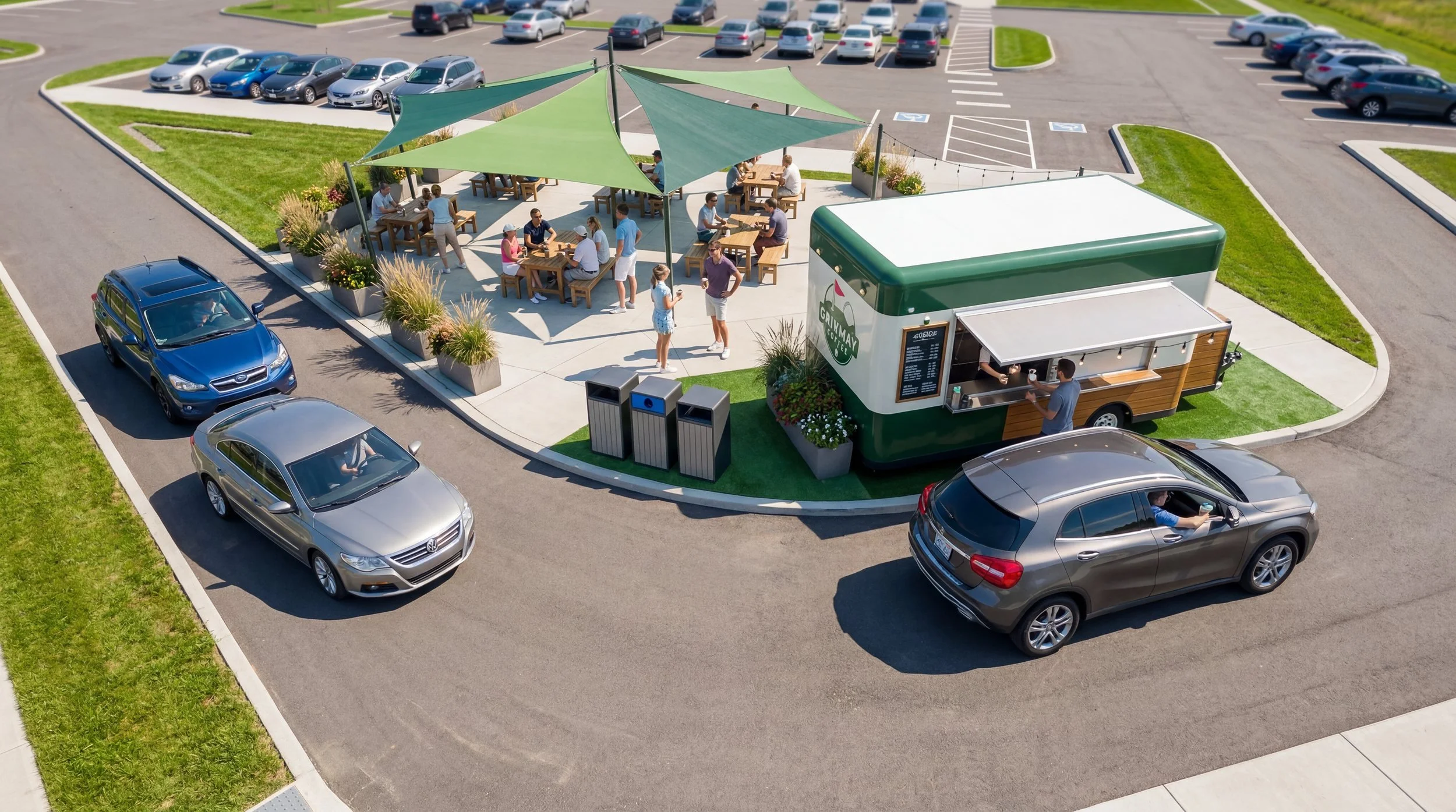Gimme Golf drive-through coffee stand with shaded patio seating