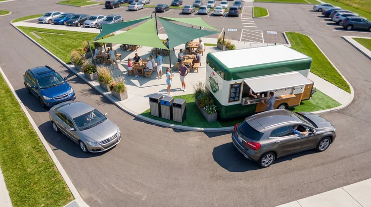 Gimme Golf drive-through coffee stand with shaded patio seating