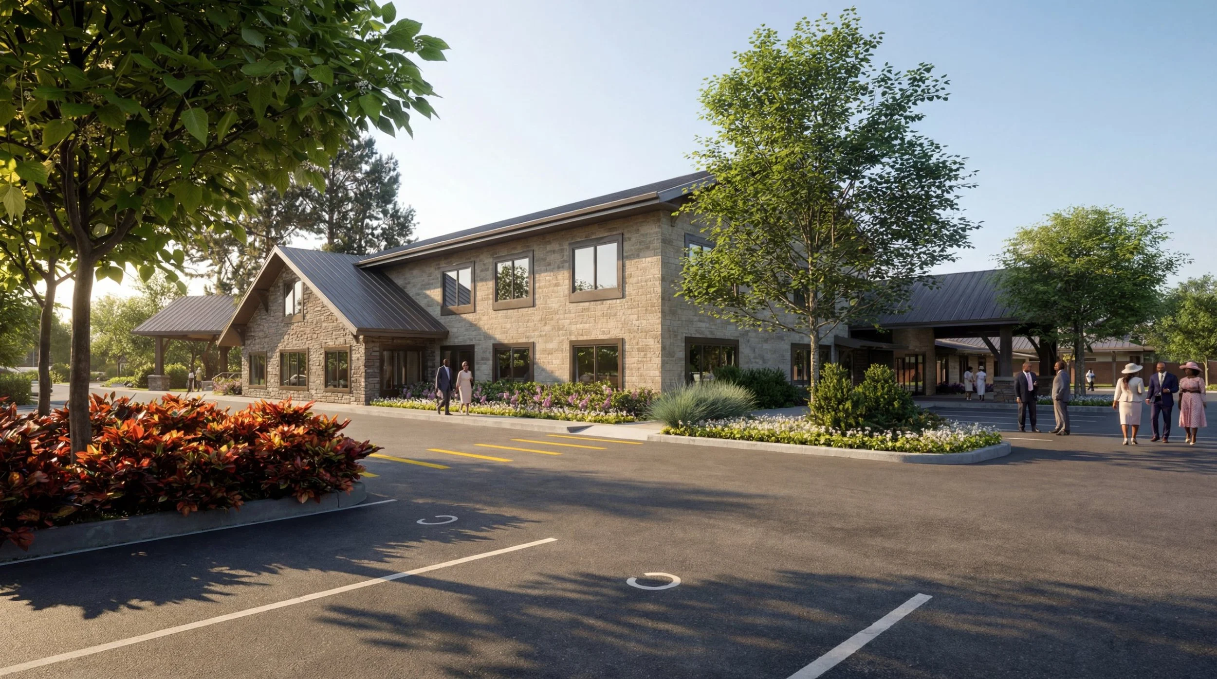 Brush Prairie Church two-story stone exterior with planted islands in the parking lot