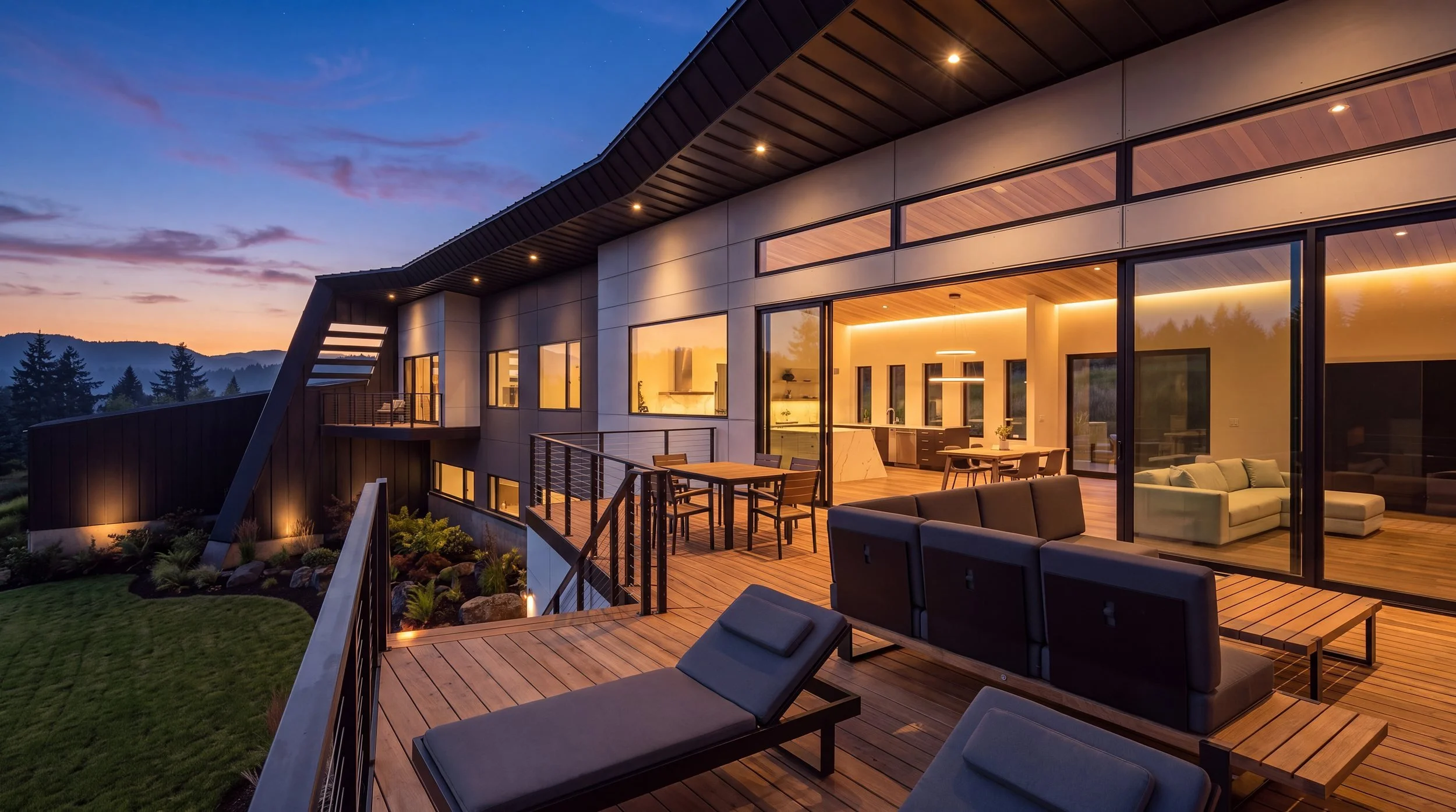 Dennis Residence, rear deck at dusk