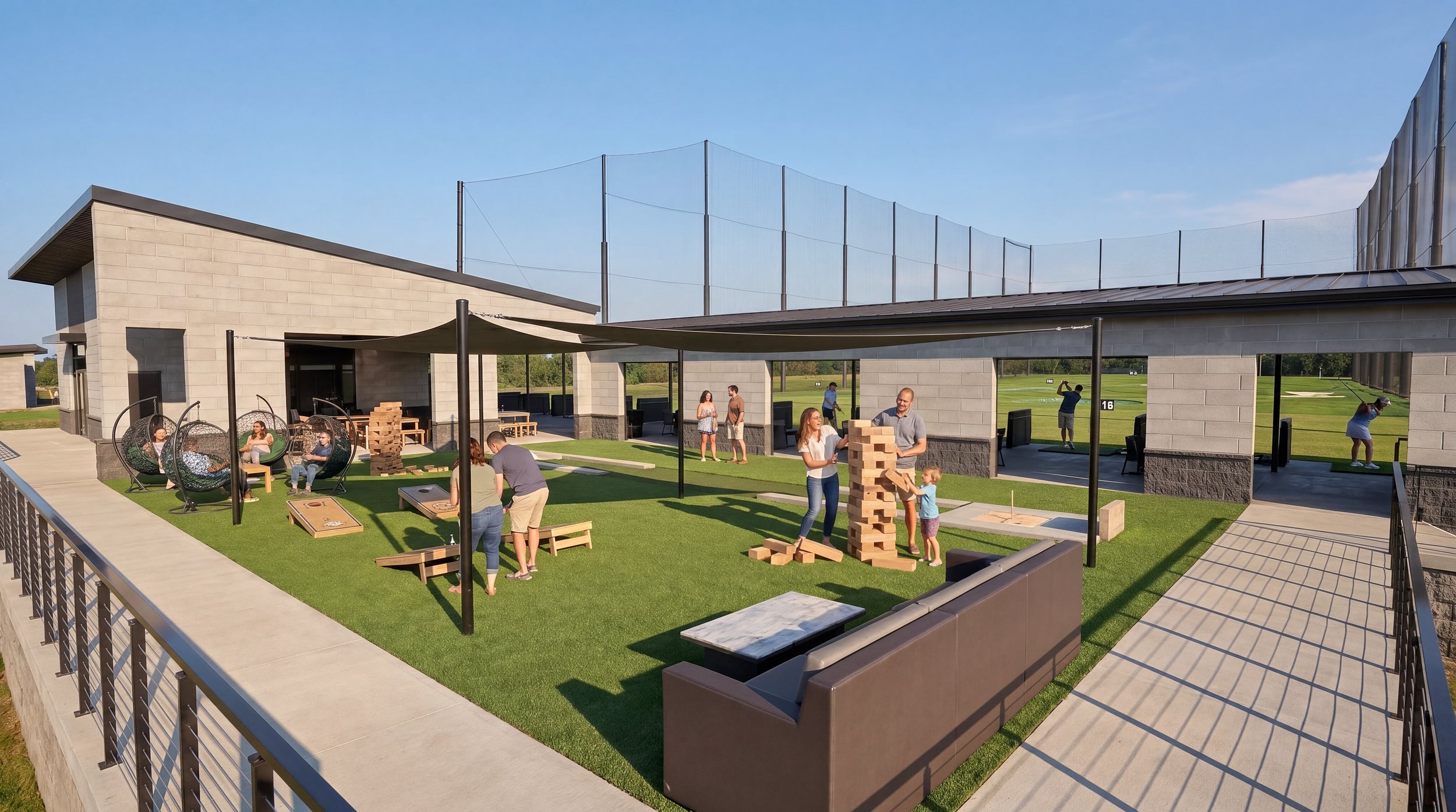 Gimme Golf turf lawn with giant Jenga, cornhole and hanging chairs beside the hitting bays